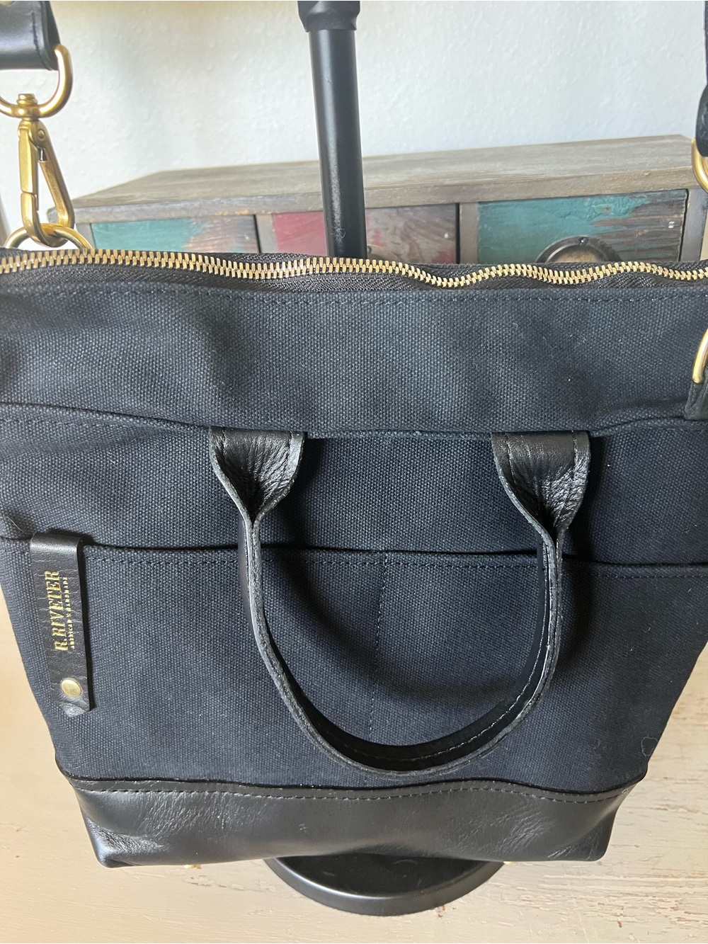 R Riveter Otto tote crossbody bag black washed canvas leather